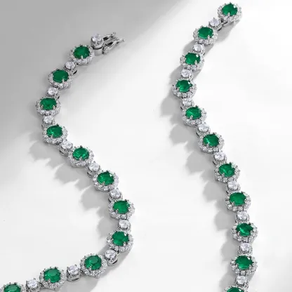 S925 Sterling Silver Green Glass Tennis Necklace for Women Halo Design Round Cut CZ Accent Statement Choker Necklace