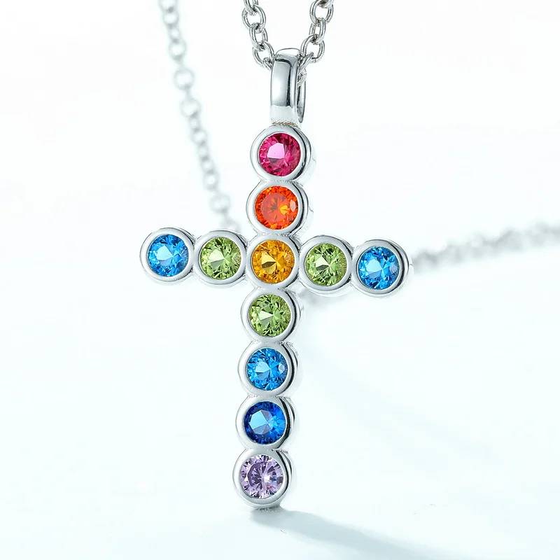 S925 Sterling Silver Colorful Cubic Zirconia Crucifix Cross Pendant Necklace for Women