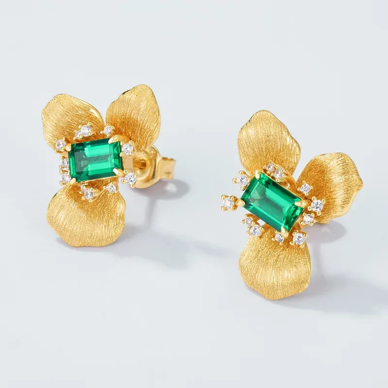 Classic Floral Design Earrings 925 Sterling Silver With Lab Grown Emeralds Fine Jewelry for Women