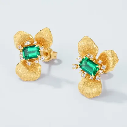 Classic Floral Design Earrings 925 Sterling Silver With Lab Grown Emeralds Fine Jewelry for Women