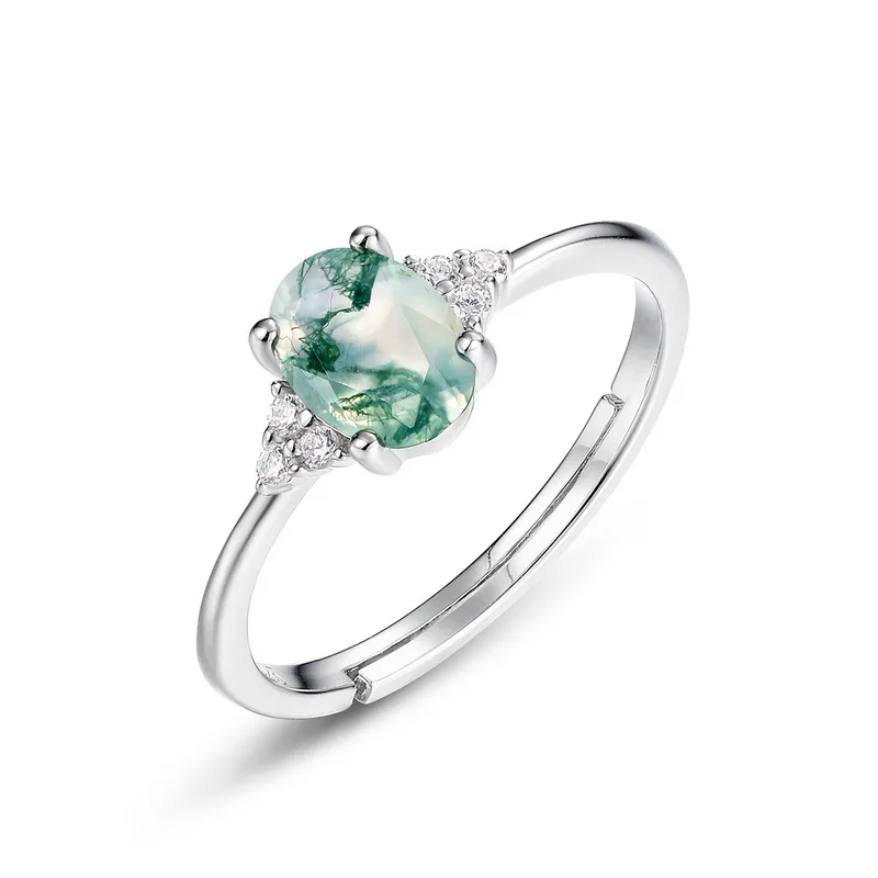 Jewelyking S925 Silver Adjustable Four Prong Setting Oval Wedding Anniversary Green Agate Ring JKRS0121