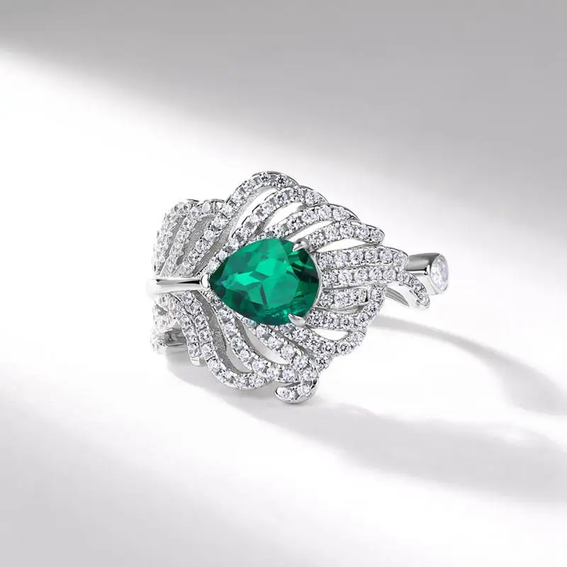 Panyu Custom Feather Style Lab Created Emerald Ring  Elegant 925 Sterling Silver Statement Jewelry