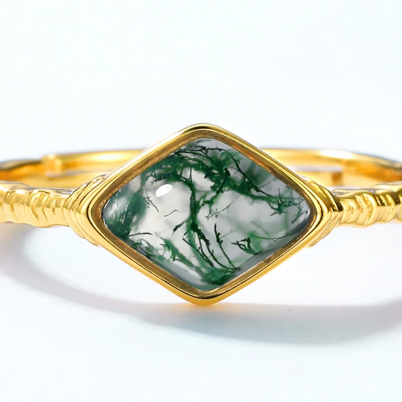 JewelyKing S925 Sterling Silver Boho Gemstone Gold Plating Sqquare Natural Green Moss Agate Ring JKRS0218