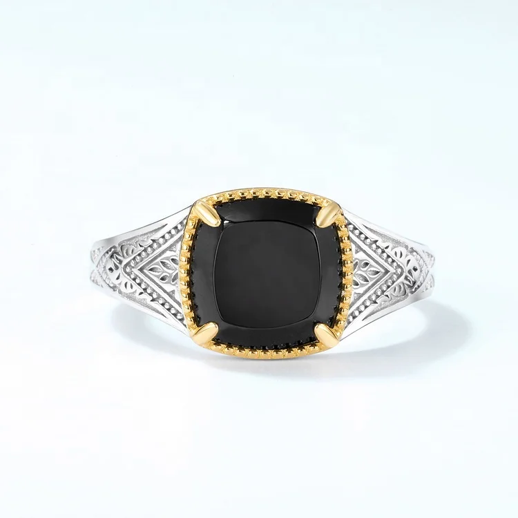 JewelyKing Fashion Big Gemstone Designs Jewelry Gold Plated Silver Square Black Agate Ring JKRS0285