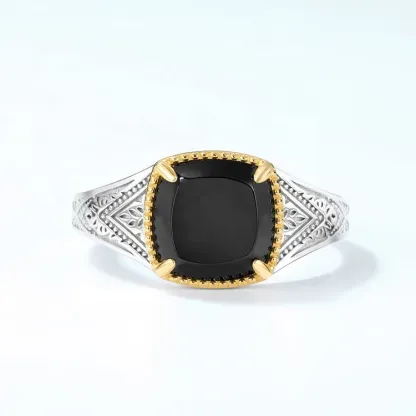 JewelyKing Fashion Big Gemstone Designs Jewelry Gold Plated Silver Square Black Agate Ring JKRS0285