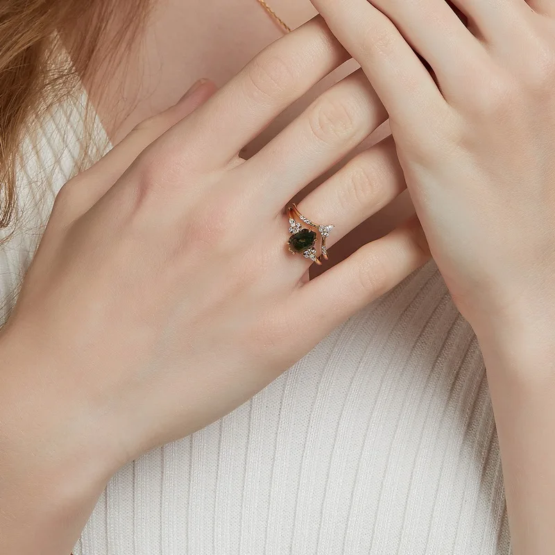 JewelyKing S925 Sterling Silver 14K Gold Plated Hexagon Cut Moss Agate Cluster CZ Accent Stackable Nature Statement Ring JKRS0131