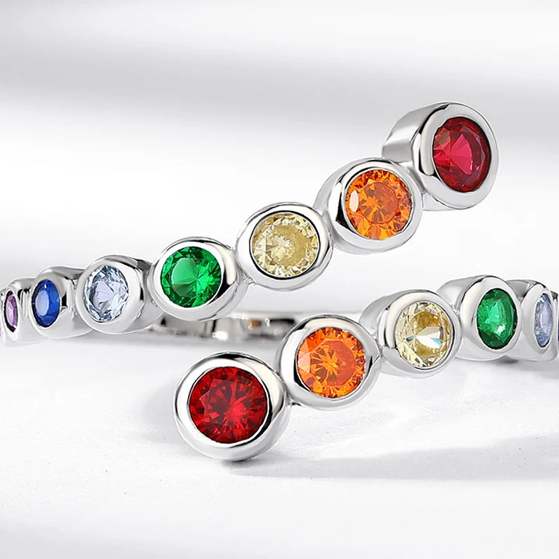 New Arrive Hot Minimalist Jewelry Rainbow Cubic Multi Gemstone Rings Open Size Colorful Eternity Ring for Women