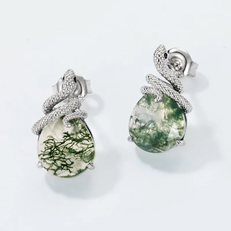 Jewelyking S925 Sterling Silver Plated Snake Moss Agate Elegant Anniversary Engagement Stud Earrings JKES0098