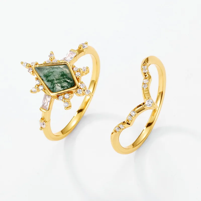JewelyKing S925 Sterling Silver 14K Gold Moss Agate Rhombus Kite Cut Natural Gemstone Elegant Ring  JKRS0195