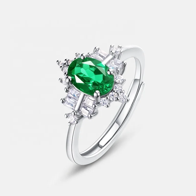 Fine Jewelry Emerald Cut Lab Grown Emeralds Ring 925 Sterling Silver Elegant Gemstone and Diamond Ring