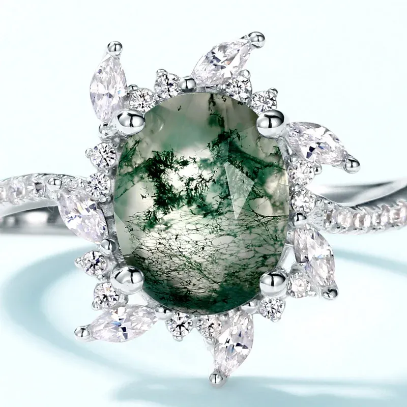JewelyKing S925 Sterling Silver Moss Agate Natural Gemstone Wedding Ring JKRS0176