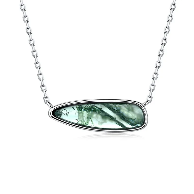 JewelyKing S925 Sterling Silver Green Moss Agate Elongated Teardrop Cut Natural Gemstone Dainty Chain Necklace JKNS0029