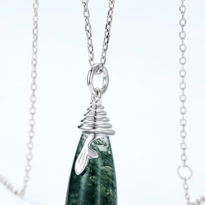 Jewelyking S925 Sterling Silver Green Moss Agate Stone Water Drop Pendant Necklace JKNS0096