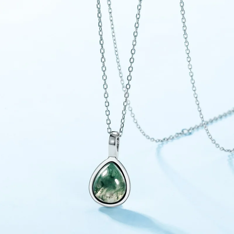 Jewelyking S925 Sterling Silver Green Moss Agate Gemstone Teardrop Pendant Necklace JKNS0093