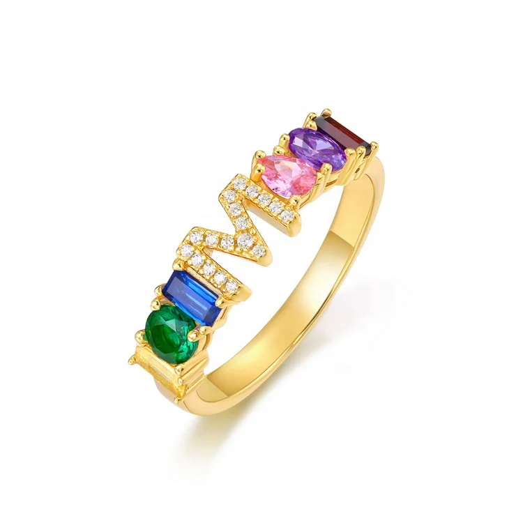 Female Letter Rainbow Stone Ring Wholesale Trendy Gold Plating Color CZ English Initial Letter Ring for Women Wedding Party Gift