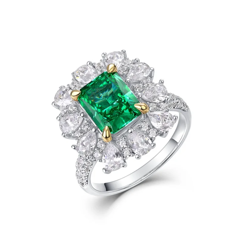 S925 Sterling Silver Ring for Women Colored Ice Flower Cut Rectangle Emerald Snowflake Green Zirconia Lab Grown Diamond Ring