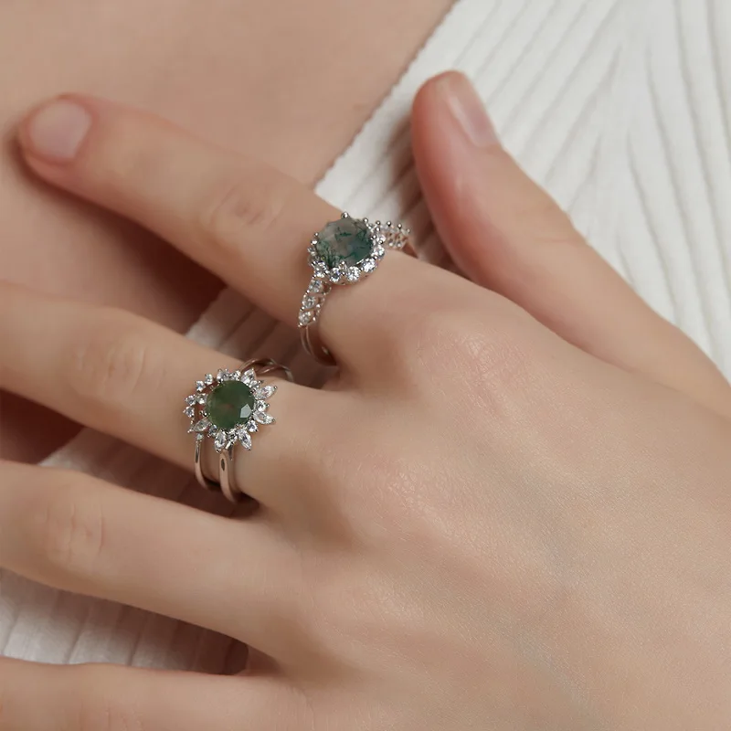 JewelyKing S925 Sterling Silver Round Green Moss Agate Halo Twisted Shank CZ Accent Vintage Nature Inspired Engagement Ring JKRS0192