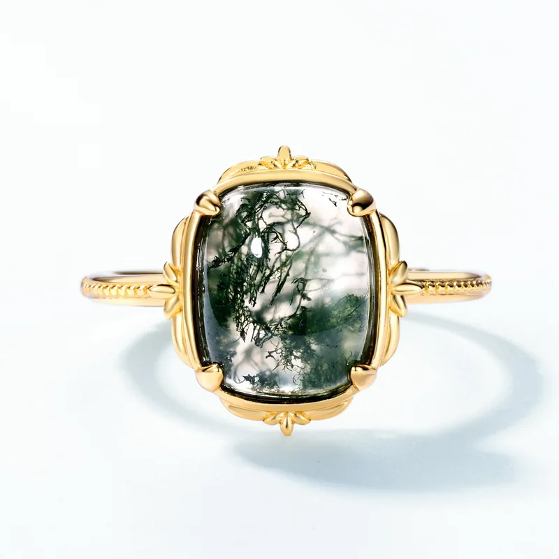 JewelyKing S925 Sterling Silver 14K Gold Plated Gemstone Green Moss Agate Vintage Ring JKRS0180