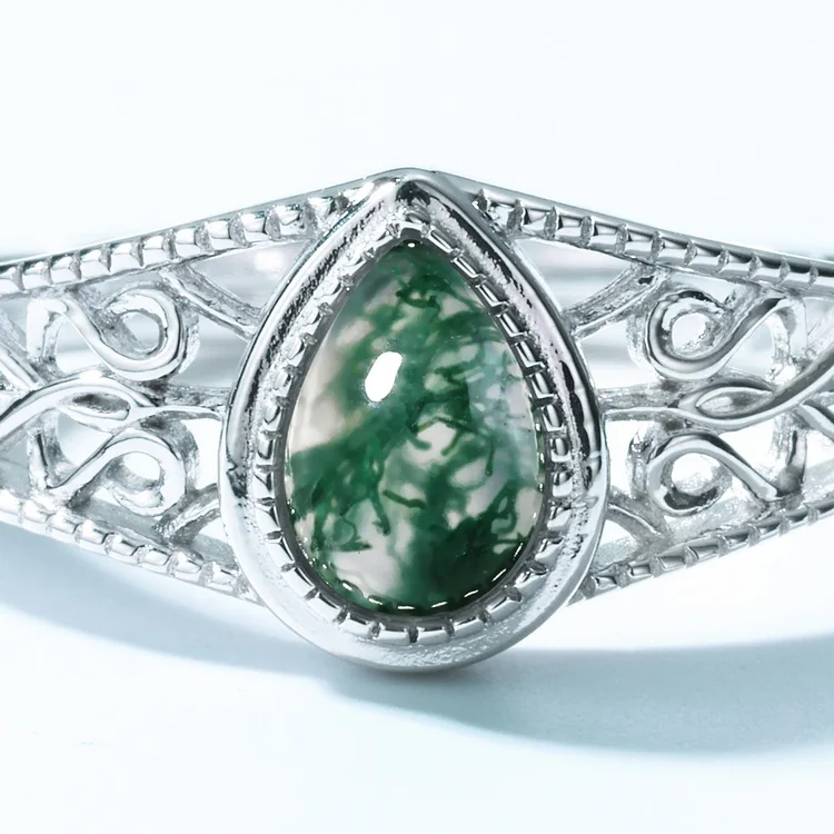 JewelyKing S925 Silver Moss Green Agate Crystal  Emerald Pear Shaped Inlaid Finger Cute Opening Adjustable Rings JKRS0221