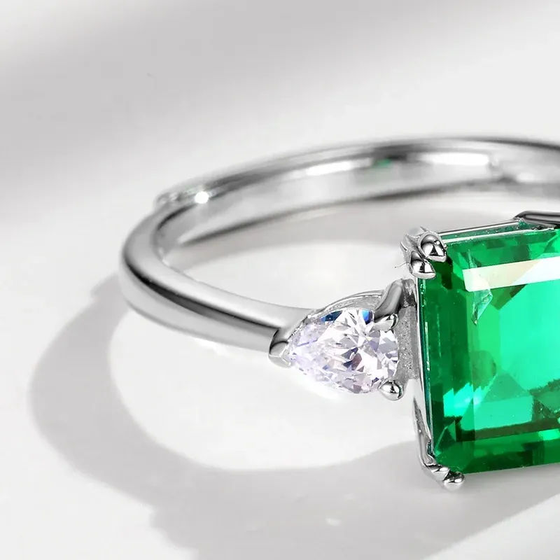 Fine Jewelry Silver 925 Created Gemstone Green Emerald Ring Rectangle Shape Lab Grown Emeralds Wedding Engagement Rings