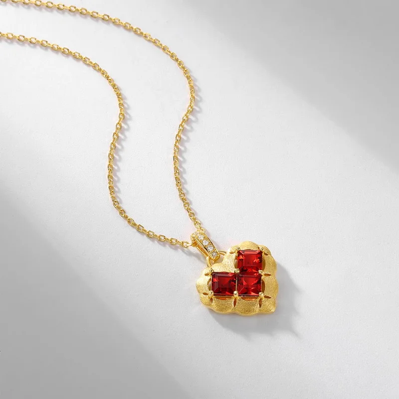 Vintage Heart Shaped Garnet Pendant Necklace 925 Sterling Silver Brushed Clavicle Chain Valentines Day Gift for Women