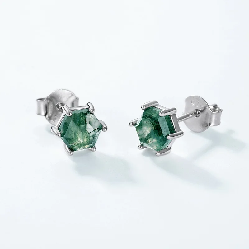 Jewelyking S925 Sterling Silver Natural Gemstone Vintage Natural Green Moss Agate Earrings