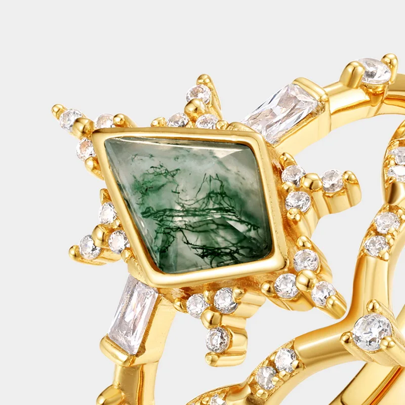 JewelyKing S925 Sterling Silver 14K Gold Moss Agate Rhombus Kite Cut Natural Gemstone Elegant Ring  JKRS0195