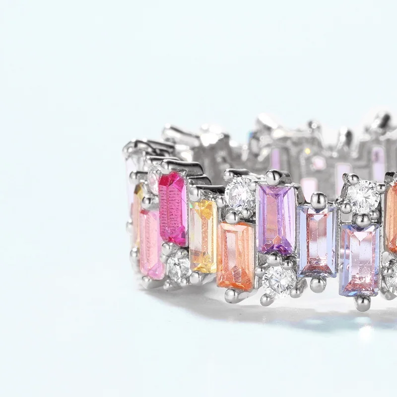 925 Silver Jewelry Custom Rainbow Baguette Women Finger Ring White Gold Plated Luxury Silver Color Jewelry Rainbow Band Rings