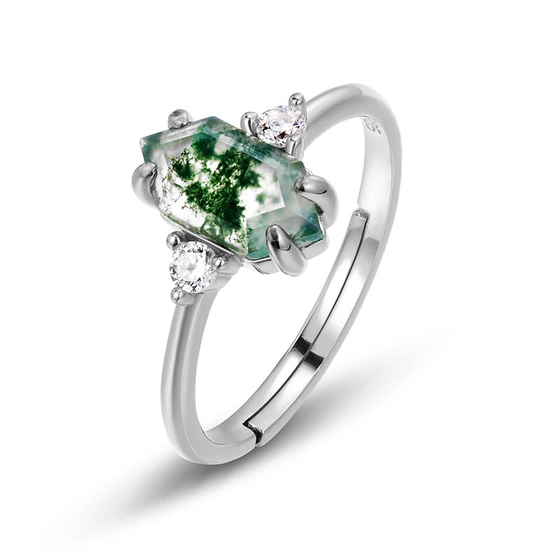 JewelyKing S925 Sterling Silver Boho Gemstone Large Moss Agate Cubic Zirconia Natural Green Moss Agate Ring JKRS0174