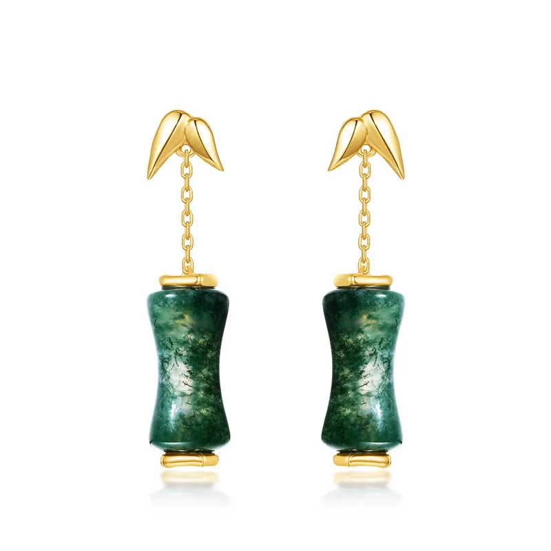 Jewelyking S925 Sterling Silver Bamboo Green Moss Long Light Gold-Plated Earrings Luxury Retro Temperament Stud Earrings JKES0085