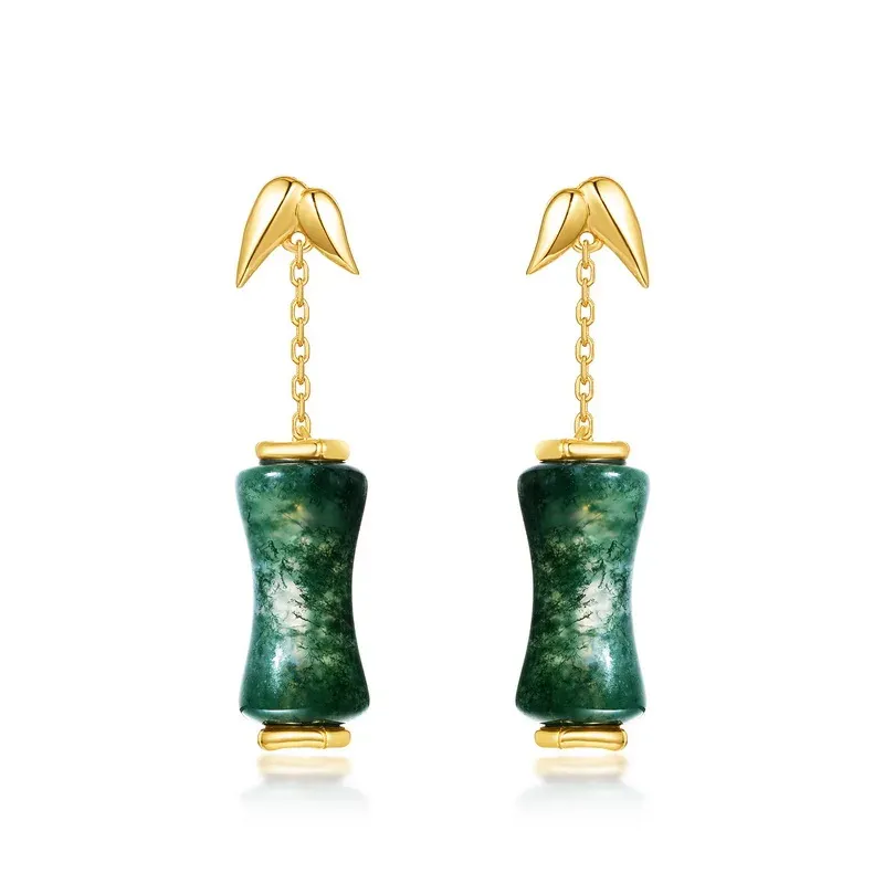 Jewelyking S925 Sterling Silver Bamboo Green Moss Long Light Gold-Plated Earrings Luxury Retro Temperament Stud Earrings JKES0085