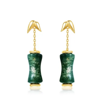 Jewelyking S925 Sterling Silver Bamboo Green Moss Long Light Gold-Plated Earrings Luxury Retro Temperament Stud Earrings JKES0085