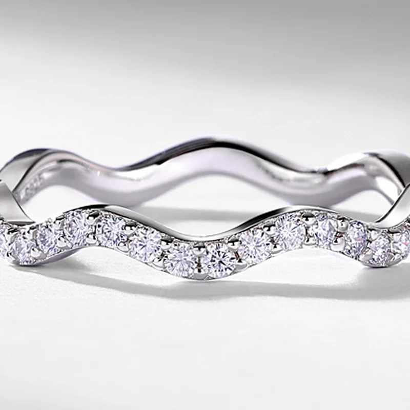 JewelyKing S925 Sterling Silver Moissanite Stackable Wavy Contour Design Pave Band Wedding Band Ring JKRS0014