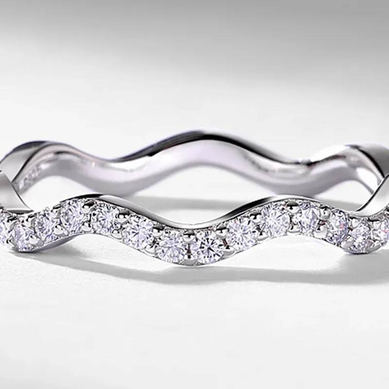 JewelyKing S925 Sterling Silver Moissanite Stackable Wavy Contour Design Pave Band Wedding Band Ring JKRS0014