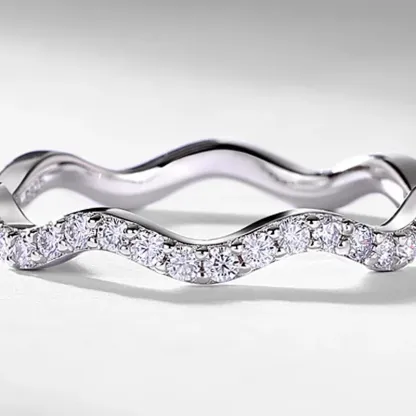 JewelyKing S925 Sterling Silver Moissanite Stackable Wavy Contour Design Pave Band Wedding Band Ring JKRS0014