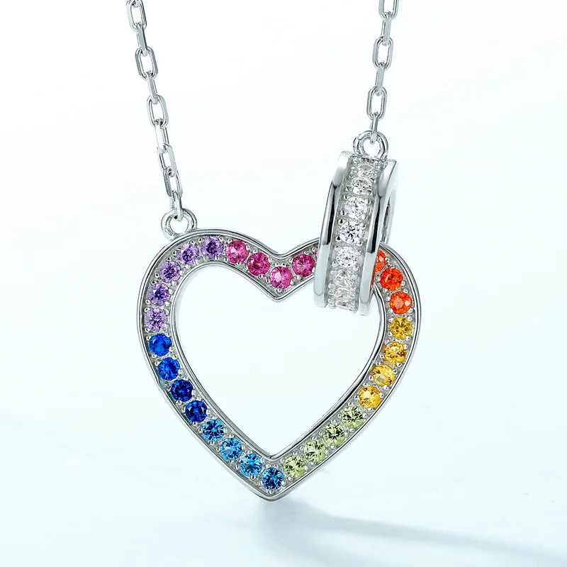 Fashion Design 925 Sterling Silver Jewelry Love Heart Rainbow Charm Necklace Color CZ Zircon Fine Jewelry Cross Chain Necklace