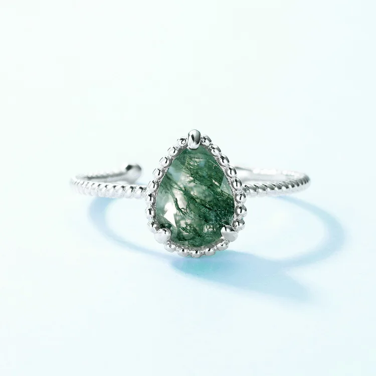 JewelyKing S925 Sterling Silver Antique Moss Agate Gemstone Halo Wedding Twist Rings JKRS0205