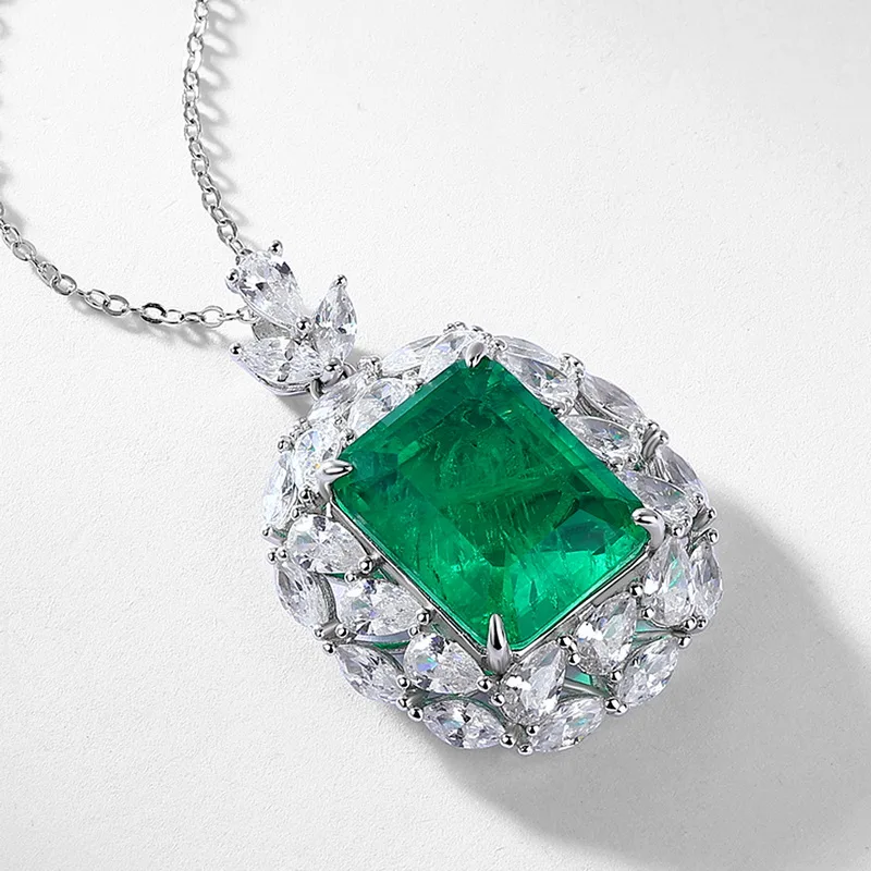 JewelyKing S925 Sterling Silver Green Emerald Cut Pendant Necklace JKNS0173