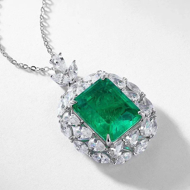 JewelyKing S925 Sterling Silver Green Emerald Cut Pendant Necklace JKNS0173