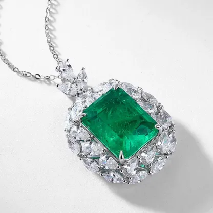 JewelyKing S925 Sterling Silver Green Emerald Cut Pendant Necklace JKNS0173