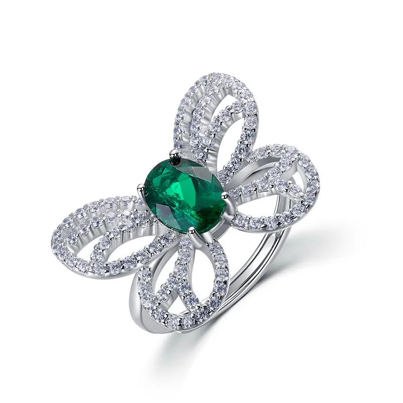 Panyu Custom Luxury Butterfly Design Lab Grown Emerald Ring 925 Sterling Silver Gemstone Jewelry