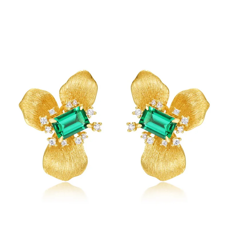 Classic Floral Design Earrings 925 Sterling Silver With Lab Grown Emeralds Fine Jewelry for Women