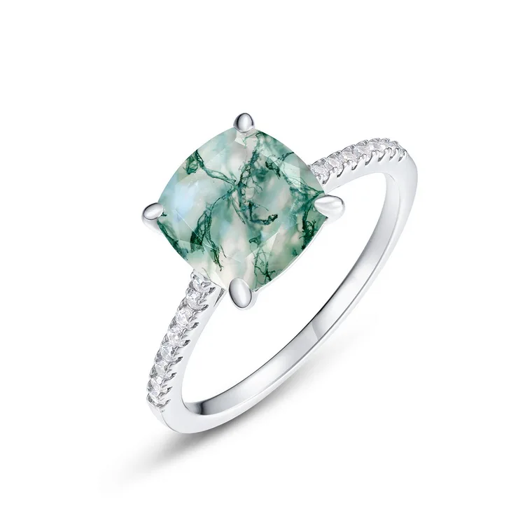 JewelyKing S925 Sterling Silver 4 Claws Natural Gemstone Moss Agate Wedding Rings JKRS0144