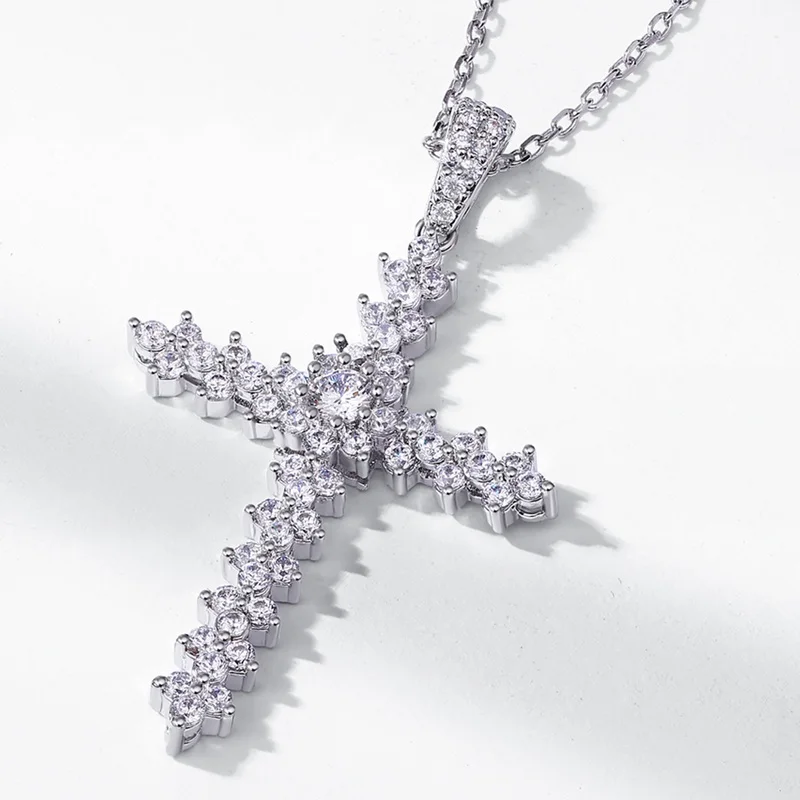 JewelyKing S925 Sterling Silver Cross Moissanite Diamond Cross Pendant Necklaces JKNS0144