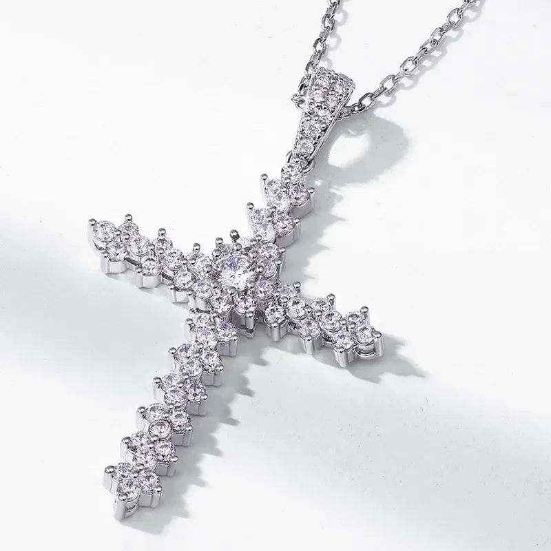 JewelyKing S925 Sterling Silver Cross Moissanite Diamond Cross Pendant Necklaces JKNS0144