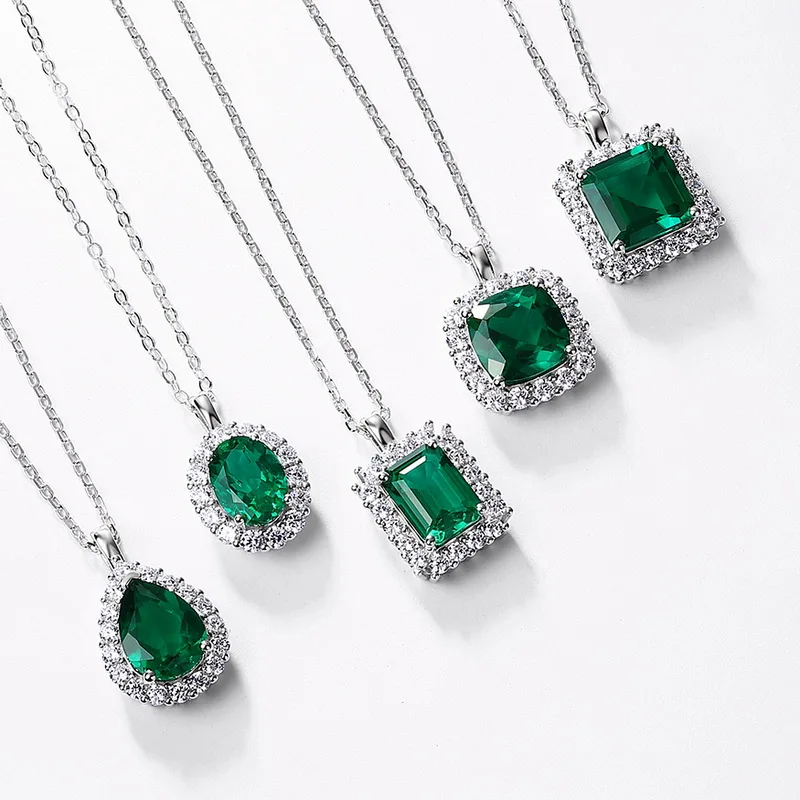 New Lab Grown Emerald Necklace 925 Sterling Silver Lab Gemstone Pendant Retro Elegant Jewelry