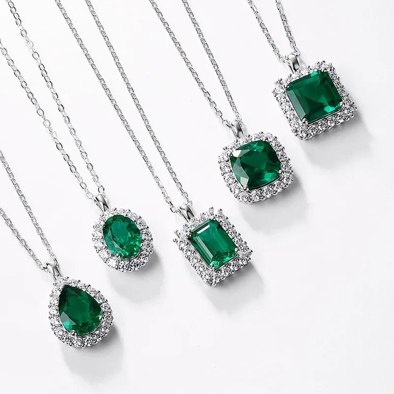 New Lab Grown Emerald Necklace 925 Sterling Silver Lab Gemstone Pendant Retro Elegant Jewelry