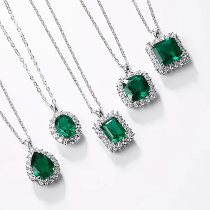 New Lab Grown Emerald Necklace 925 Sterling Silver Lab Gemstone Pendant Retro Elegant Jewelry