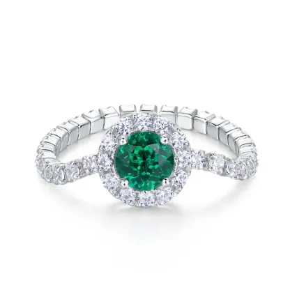 S925 Sterling Silver Round Cut Lab Grown Emerald Double Halo Engagement Ring for Women