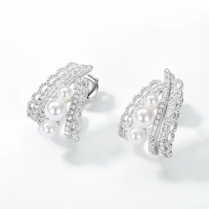 JewelyKing S925 Sterling Silver Shell Pearl Cluster Climber Earrings CZ Accent Vintage Lace Filigree Bridal Statement Earrings JKES0011